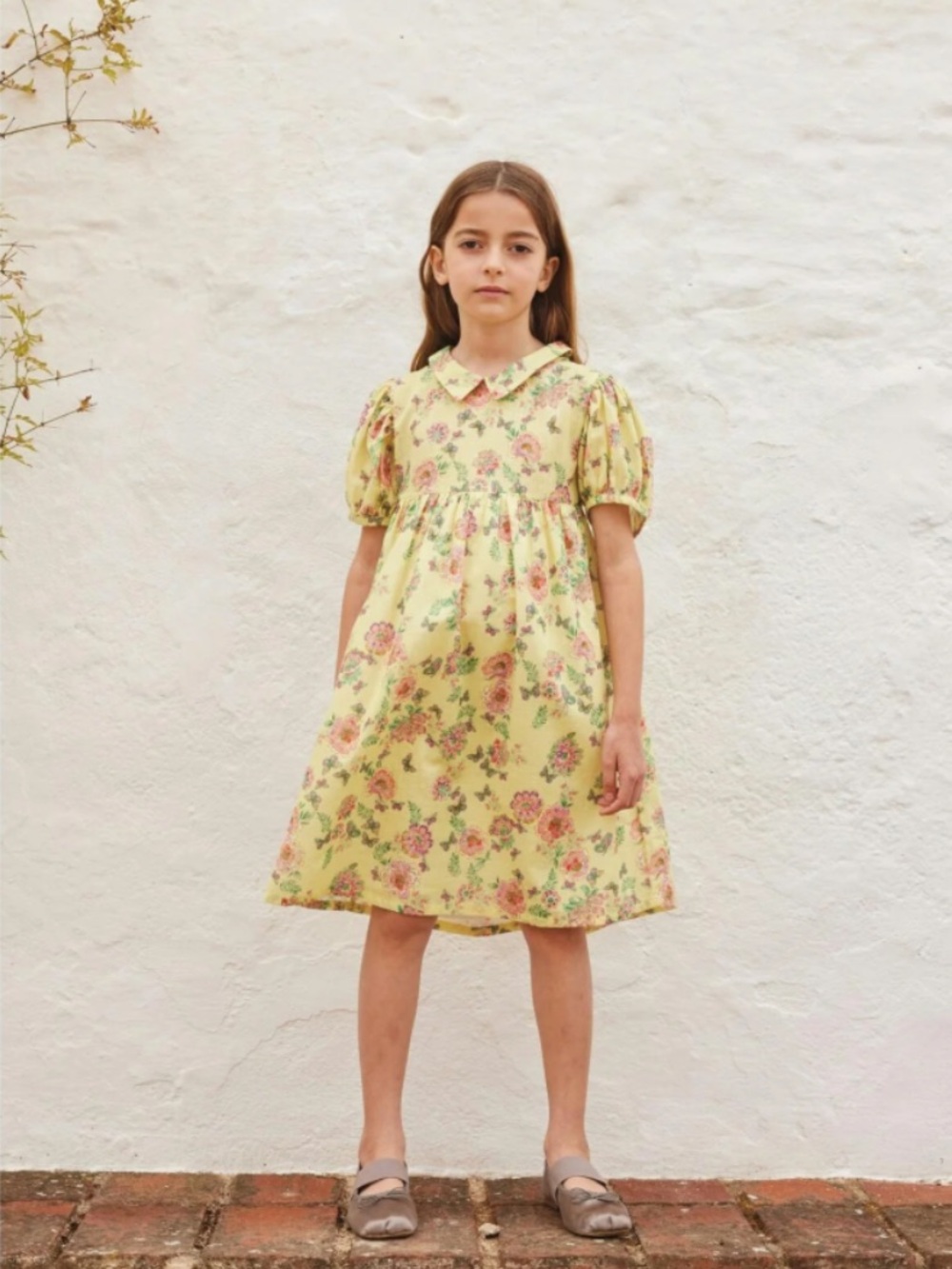 BEBE ORGANIC Girls' Yellow Floral Puff-Sleeve Dress